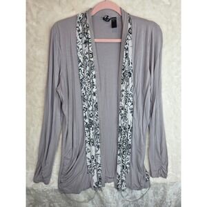 BKE Boutique Taupe Mauve Open Front Cardigan Embellished Scarf Trim XL